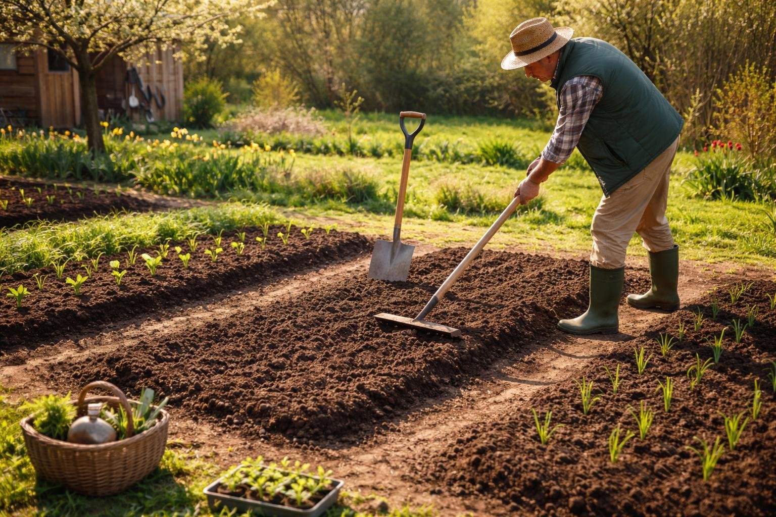 Áprilisi kertben dolgozó ember, friss talaj, rügyek és virágzó növények.