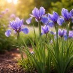 Holland nőszirom a virágzó hagymákat és karcsú szárú növényeket mutatja a kertben.