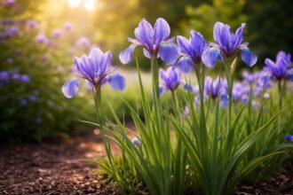 Holland nőszirom a virágzó hagymákat és karcsú szárú növényeket mutatja a kertben.