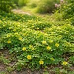 Indiaiszamóca Potentilla indica talajtakaró növény virágokkal és piros termésekkel a kertben