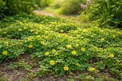 Indiaiszamóca Potentilla indica talajtakaró növény virágokkal és piros termésekkel a kertben