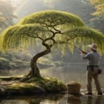 Japán fűzfa metszése közben formázott lombkorona, levelek és ágak részletezve