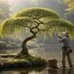 Japán fűzfa metszése közben formázott lombkorona, levelek és ágak részletezve