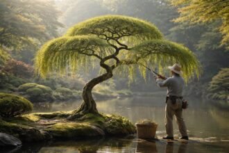 Japán fűzfa metszése közben formázott lombkorona, levelek és ágak részletezve