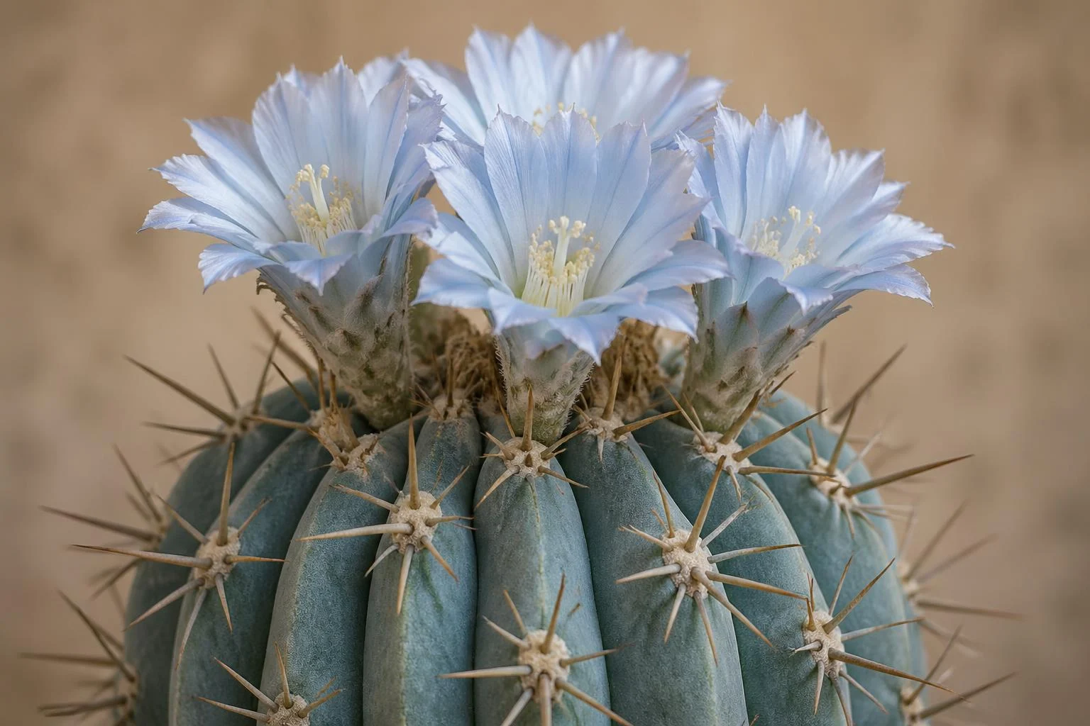 Kékes töviseskelyhű kaktusz (Acanthocalycium glaucum) hamvas kékeszöld test, töviseivel és érdekességeivel.