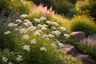 Részletes látvány a kenyérbél-cickafark fehér virágairól gondozási tippekkel a kertben.