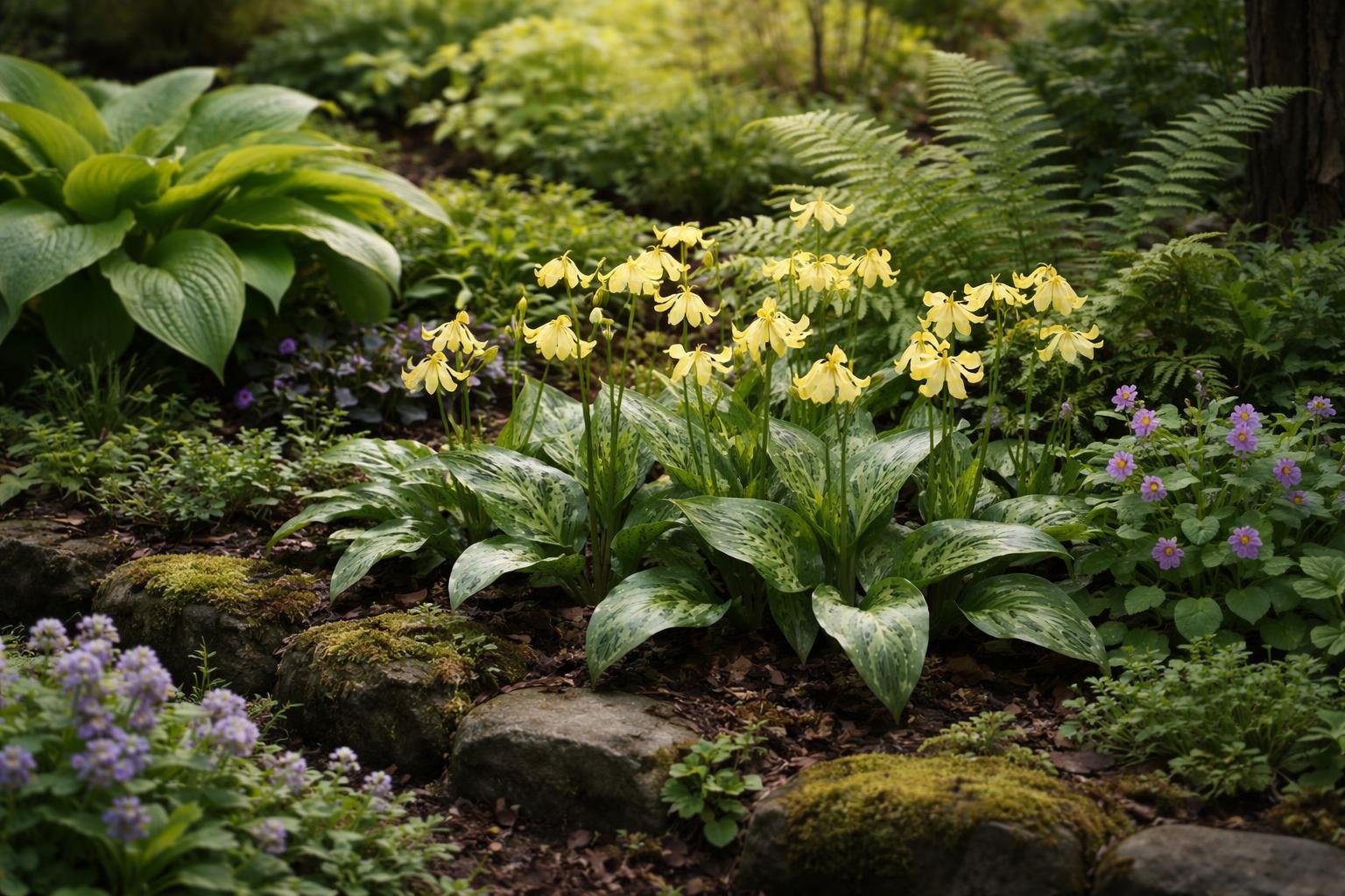 - Kerti kakasmandikó kora tavaszi virágzás, márványozott levelek és elegáns bókolás.