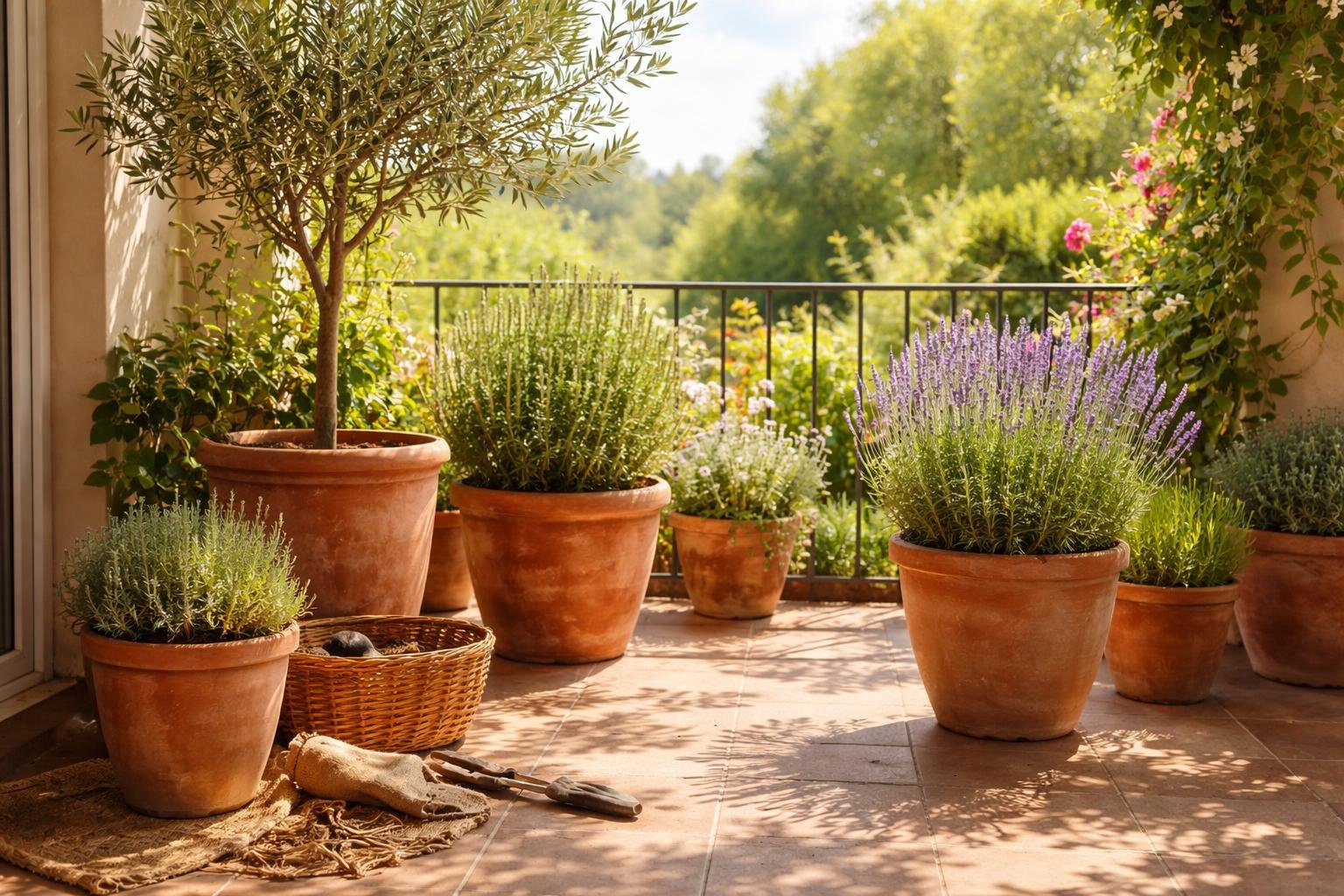 Mediterrán növények teraszra költöztetése: a fokozatos kihelyezés megóvja őket a hirtelen napfénytől.