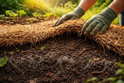 Mélymulcs réteg és élő talajlakók hálózata a talaj felszín alatt.