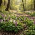 Odvas keltike növény a kora tavaszi erdőben, sárga virágokkal és finom levélzetével.