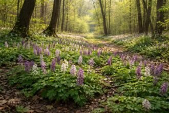 Odvas keltike növény a kora tavaszi erdőben, sárga virágokkal és finom levélzetével.
