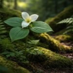 Óriás hármasszirom virágzó erdei hangulatú félárnyékos kertben, gazdag humuszos talajban.