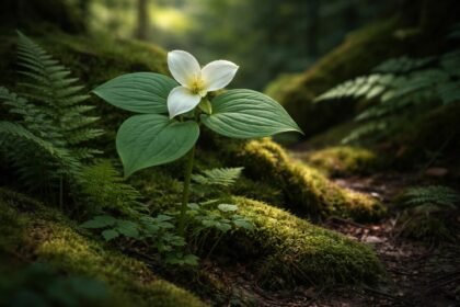 Óriás hármasszirom virágzó erdei hangulatú félárnyékos kertben, gazdag humuszos talajban.