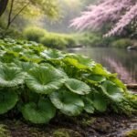 - Pajzslevél: nagy levelei tavasszal rózsaszín virággal indul, nyárra pedig kerek korong levelek.