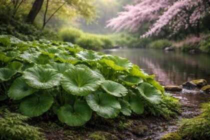 - Pajzslevél: nagy levelei tavasszal rózsaszín virággal indul, nyárra pedig kerek korong levelek.