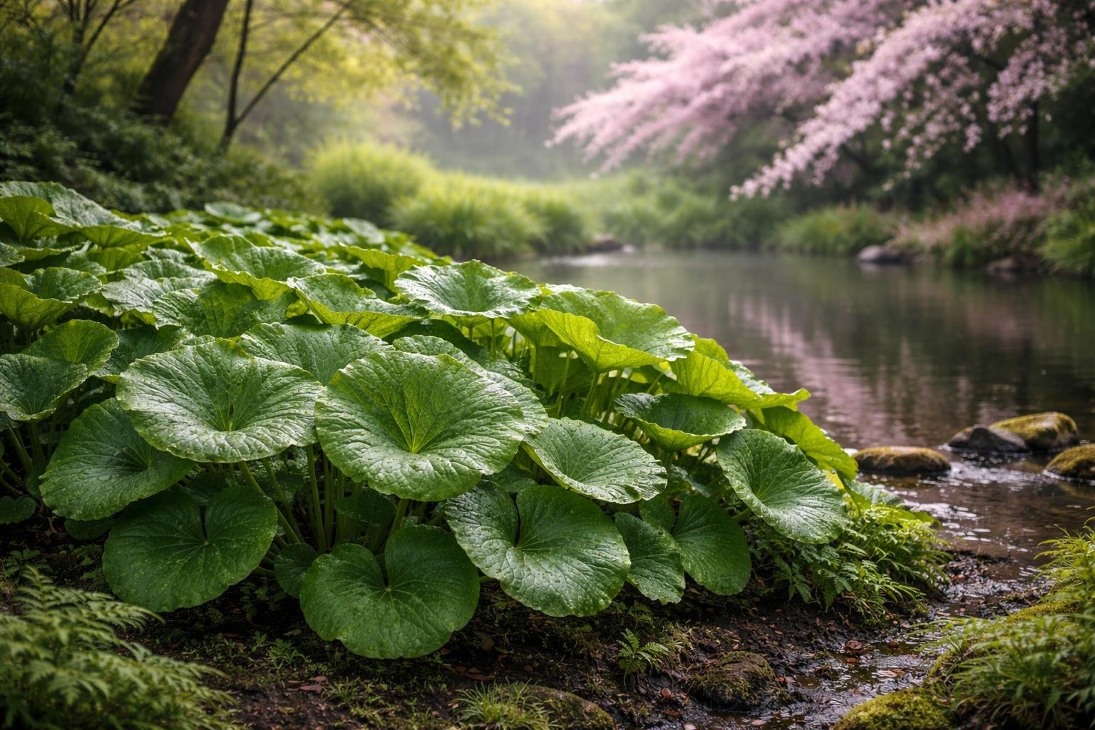 - Pajzslevél: nagy levelei tavasszal rózsaszín virággal indul, nyárra pedig kerek korong levelek.