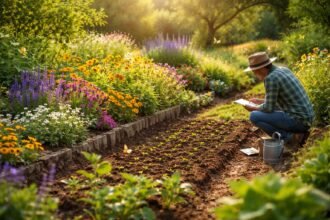 Áprilisi pillangóbarát kert virágágyásokkal, napfényben repkedő pillangók és zöld növények.