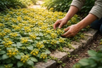 Sárga árvacsalán árnyékos kertrészben sárga virágokkal, mintás levelekkel, kúszó talajt borító növény.