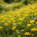 Sárga virágú Szarvaskerep (Lotus corniculatus) szárazságtűrő évelő a természetközeli gyepen.