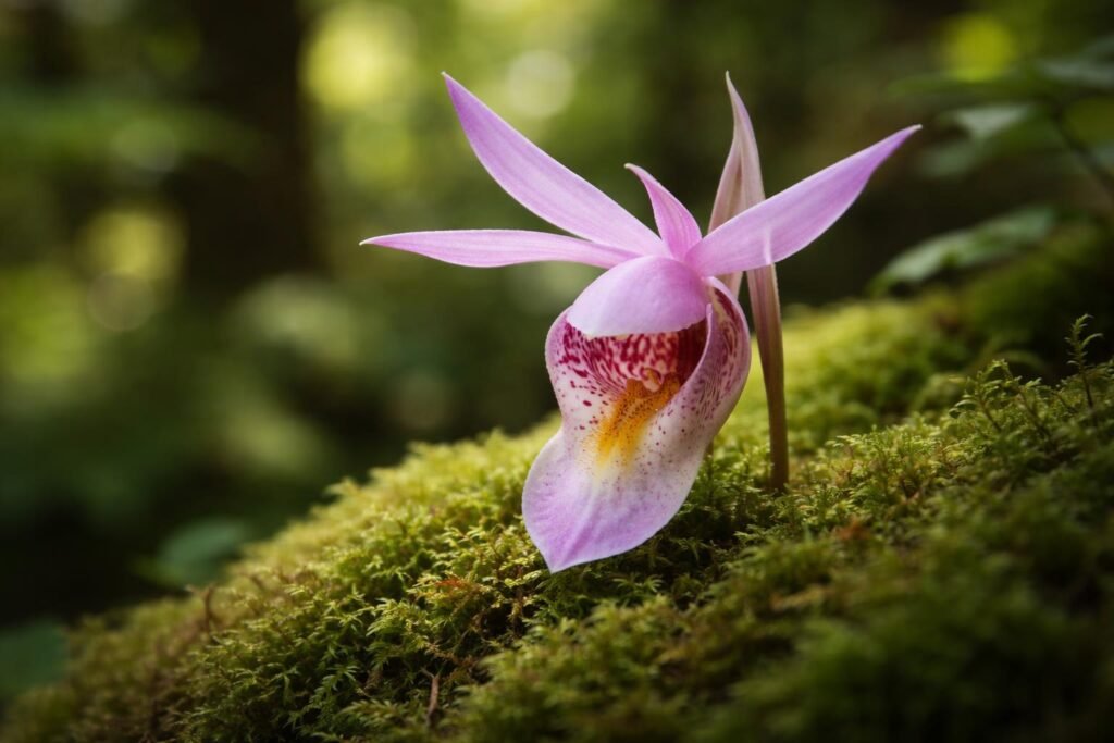 Részletkép a tündérpapucs Calypso bulbosa virágáról erdei környezetben, papucs alakú szirmokkal.
