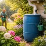 Esővízgyűjtő tartály a kerti öntözésnél, zöld növények és napos égbolt.