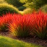 Vörös alangfű lángnyelv-formájú lombja díszíti a szegélyt, napfényben élénk, kerti hatást kelt.