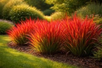 Vörös alangfű lángnyelv-formájú lombja díszíti a szegélyt, napfényben élénk, kerti hatást kelt.