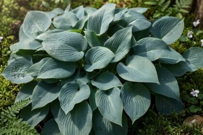 Nagy kékeszöld levelek, árnyékos kertben tenyésző Blue Mammoth hosta fotója
