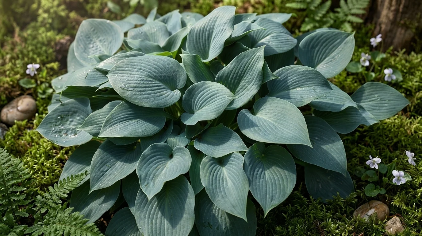 Nagy kékeszöld levelek, árnyékos kertben tenyésző Blue Mammoth hosta fotója