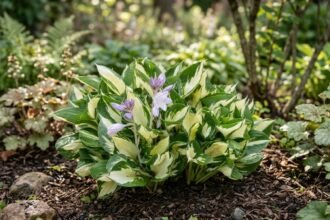 Hosta Fire And Ice árnyékliliom fehér középpontú levelekkel, sötétzöld szélekkel árnyékos kertben.