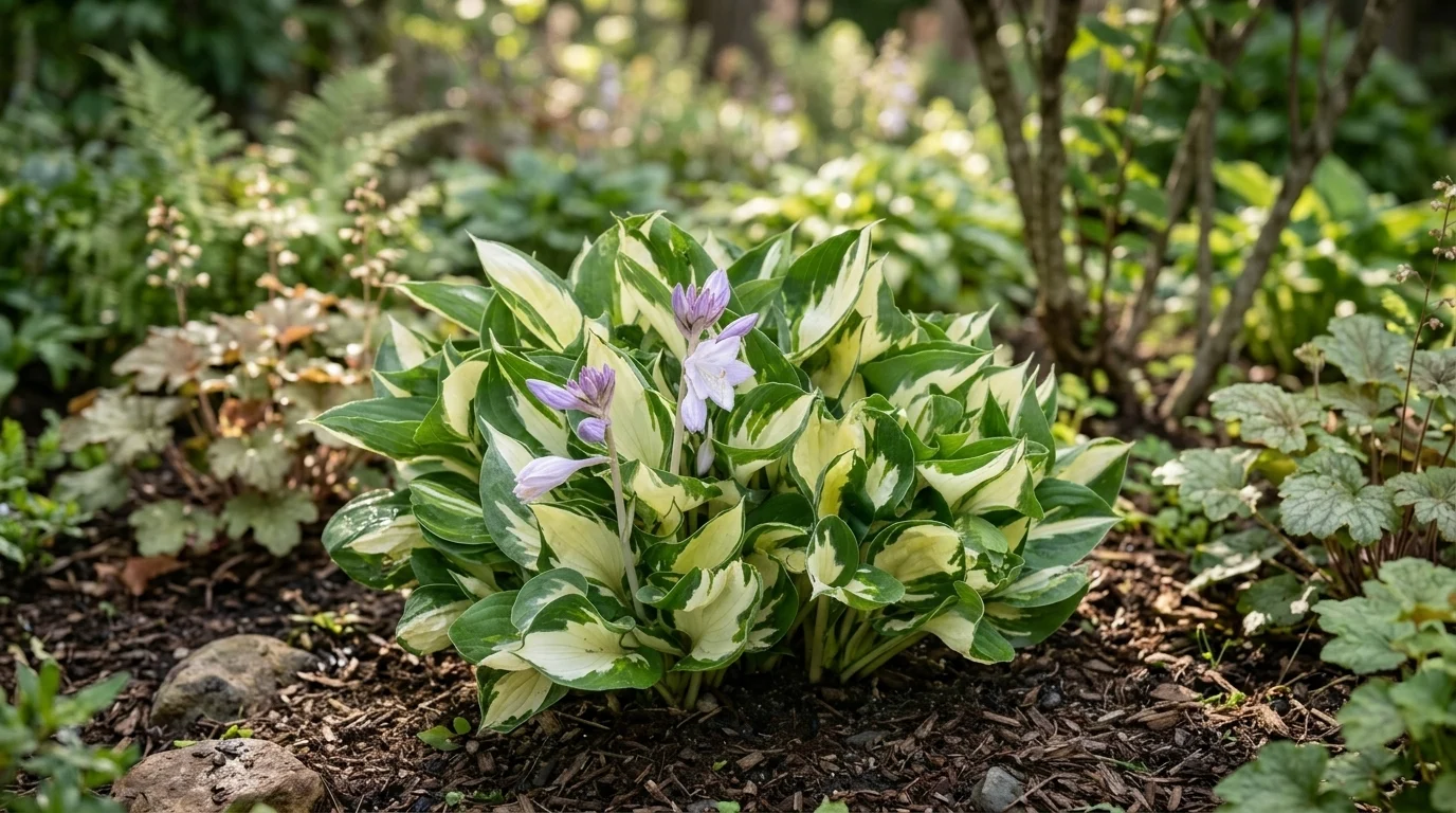 Hosta Fire And Ice árnyékliliom fehér középpontú levelekkel, sötétzöld szélekkel árnyékos kertben.
