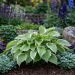 Hosta Francee levelei fehér szegélyével árnyékos kertben láthatók, hosszan elnyúló levélzet.