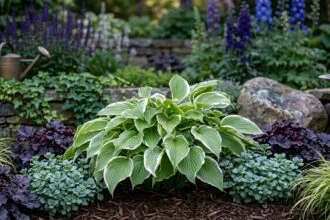 Hosta Francee levelei fehér szegélyével árnyékos kertben láthatók, hosszan elnyúló levélzet.