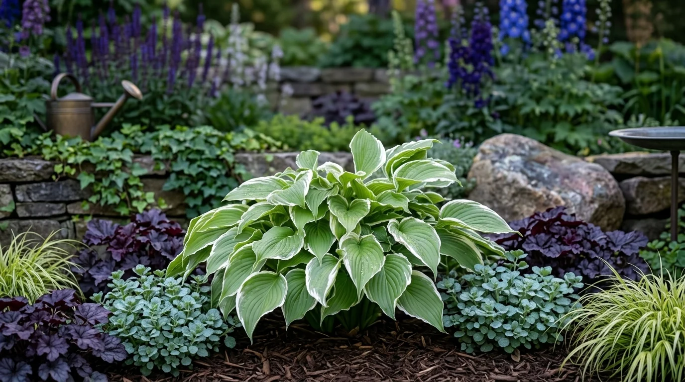 Hosta Francee levelei fehér szegélyével árnyékos kertben láthatók, hosszan elnyúló levélzet.
