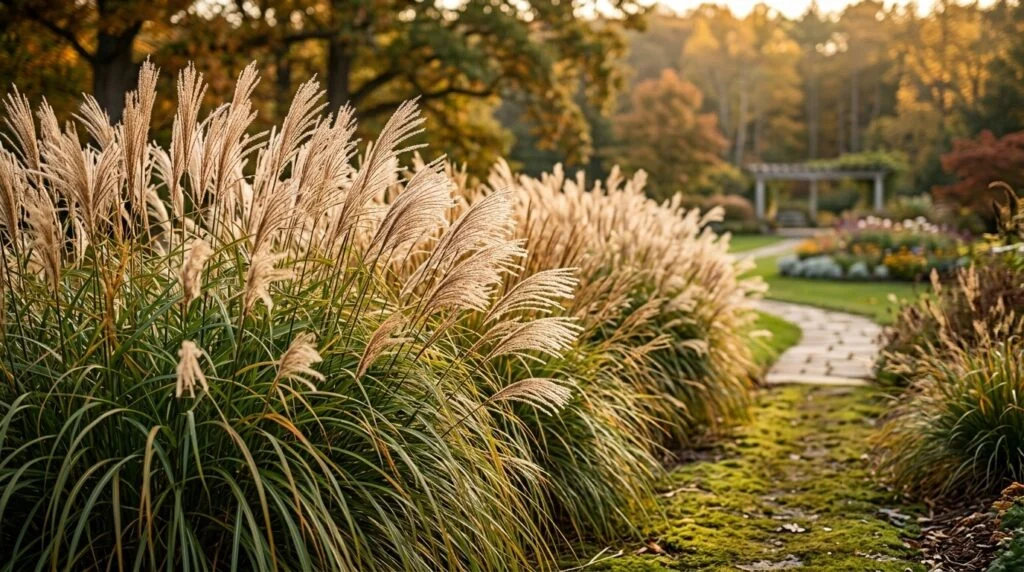 A kép tökéletesen illusztrálja a **kínai nád** (*Miscanthus sinensis*) lenyűgöző őszi látványát, amelyről a kísérő szöveg is részletesen beszámol. 