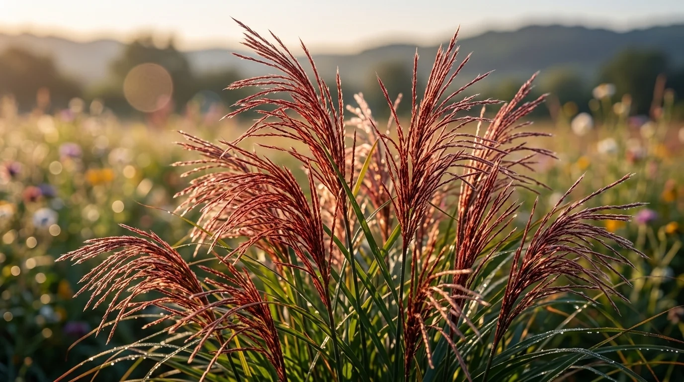 Kínai nád Miscanthus sinensis díszes, zöld lombú futó kertrészlet a kertben.