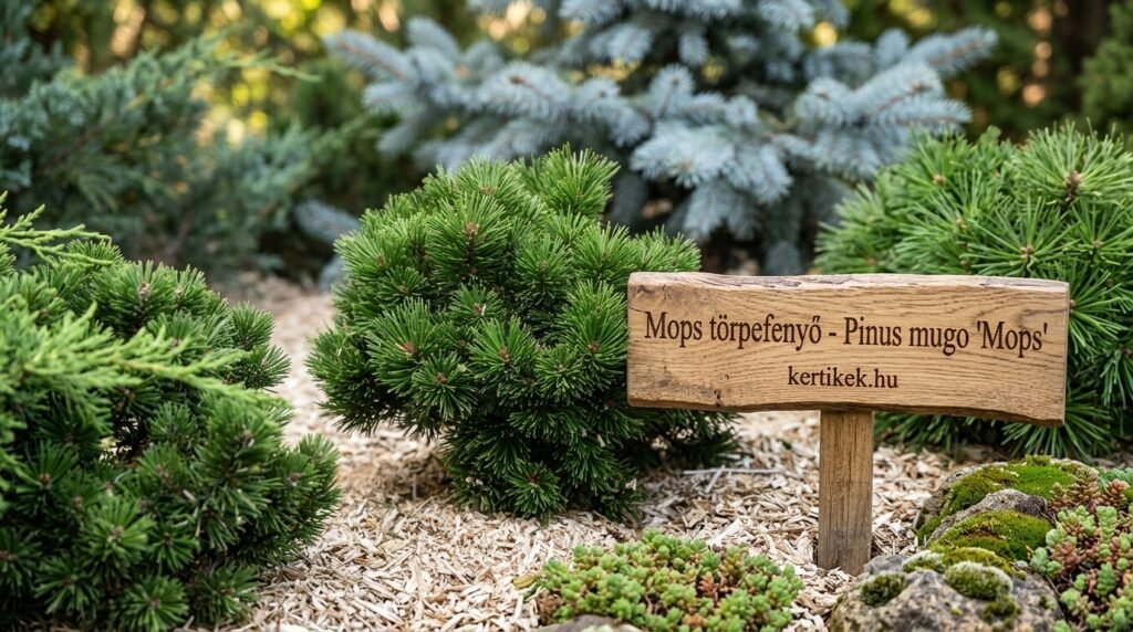 Rövid növésű, sűrű tűlevelű Mops törpefenyő előkertekbe dekoratív fotó, évekre alkalmas.