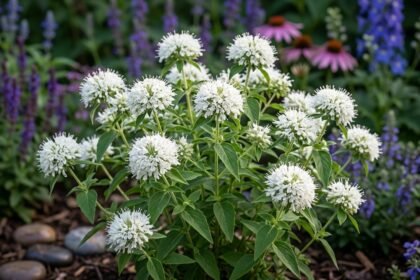Hegyimenta Pycnanthemum flexuosum illatos, rovarbarát évelő virágzás közben kertben halovány virágzatával díszíti ágyásokat és szegélyeket