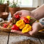Trinidad Moruga Scorpion paprika növény fotója kertben, gyümölcsökkel és dús levelekkel.