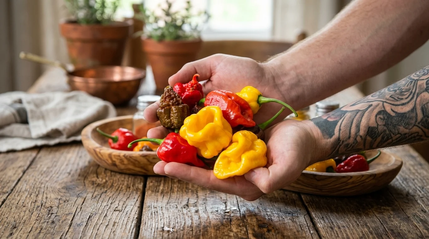 Trinidad Moruga Scorpion paprika növény fotója kertben, gyümölcsökkel és dús levelekkel.