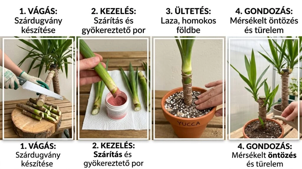 **1. VÁGÁS:** Szárdugvány készítése **2. KEZELÉS:** Szárítás és gyökereztető por **3. ÜLTETÉS:** Laza, homokos földbe **4. GONDOZÁS:** Mérsékelt öntözés és türelem