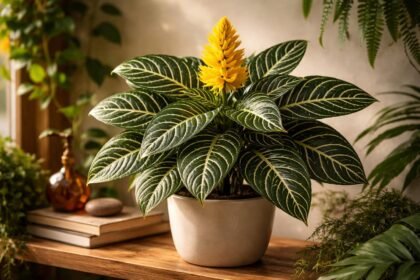 Afelandra (Aphelandra squarrosa) csíkos levelekkel és sárga virágzattal dekoratív szobanövény.