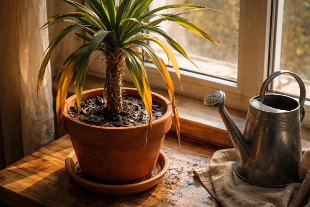 Yucca levél sárgulás, túlöntözés, fényhiány és rossz közeg – vizuálisan bemutatva.