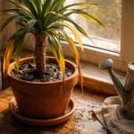 Yucca levél sárgulás, túlöntözés, fényhiány és rossz közeg – vizuálisan bemutatva.