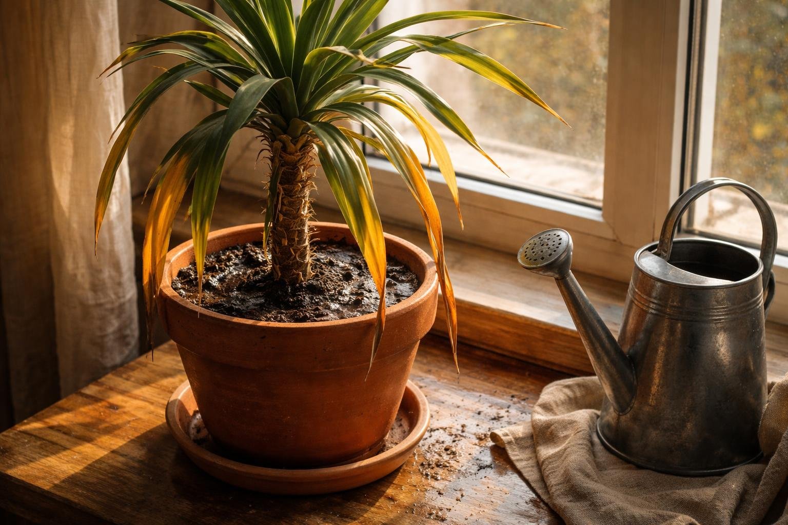 Yucca levél sárgulás, túlöntözés, fényhiány és rossz közeg – vizuálisan bemutatva.