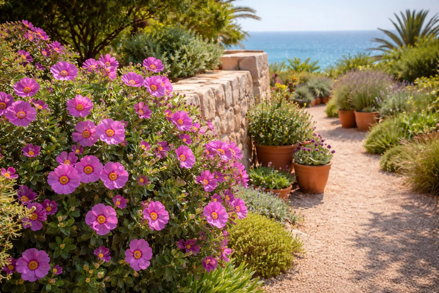 Bíbor szuhar virágzó cserje mediterrán teraszon, élénk rózsaszín virágok és sárga középével.