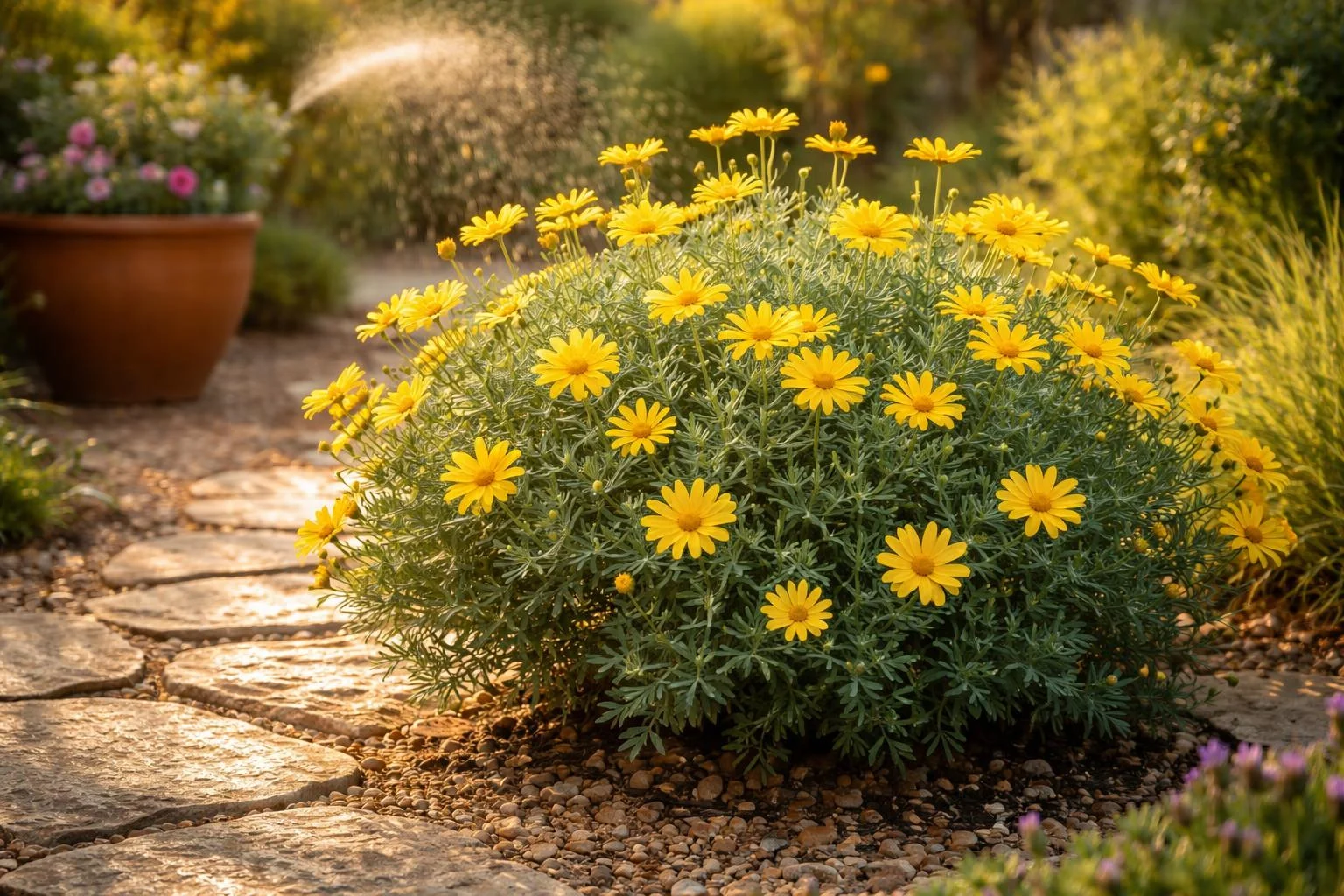 Euryops pectinatus bokor napfényben, sárga margarétaszerű virágokkal, egészséges lomb és kompakt forma.