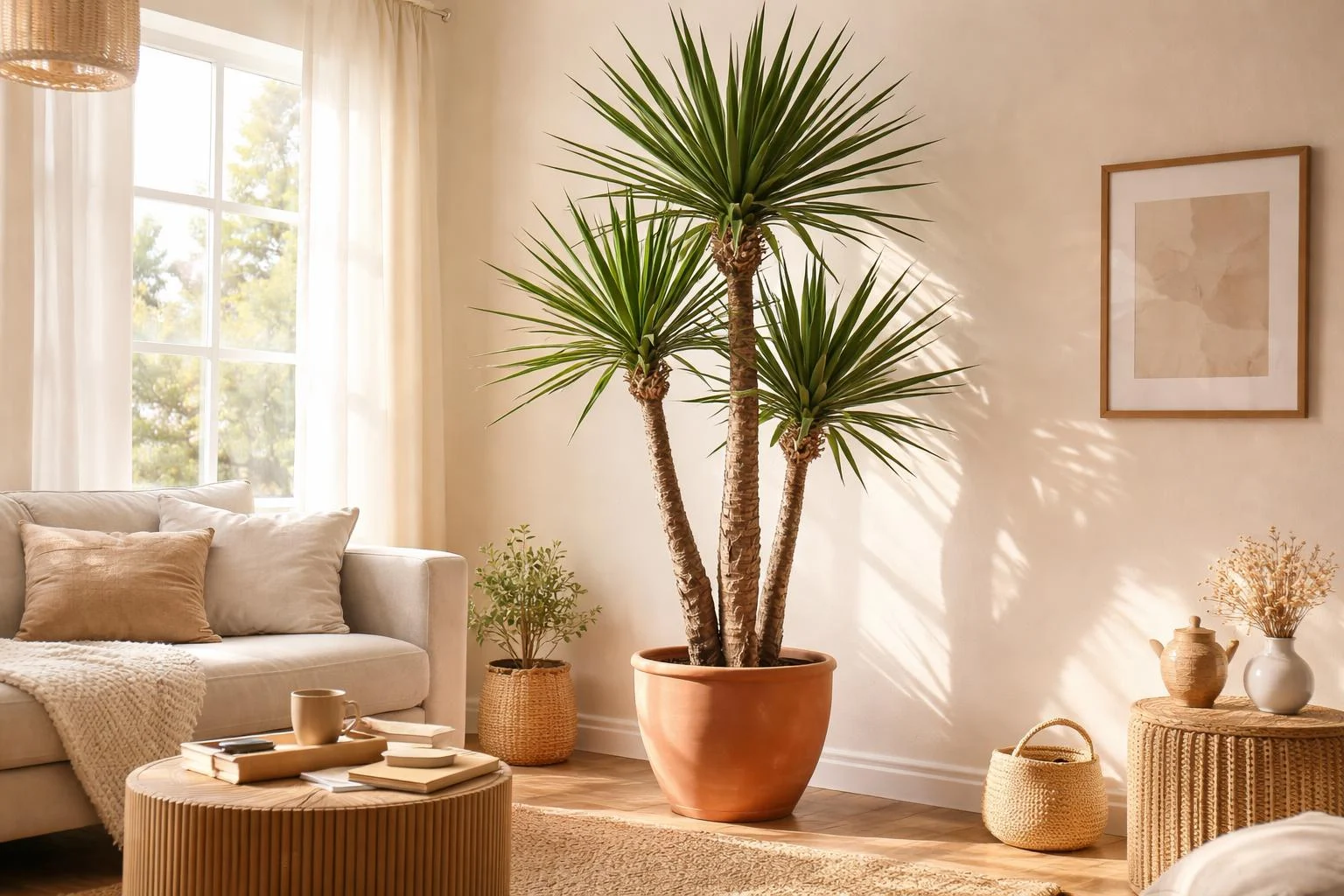 Guatemalai pálmaliliom Yucca gigantea beltéri jelenet, fényes levélzet és vastag törzs látható