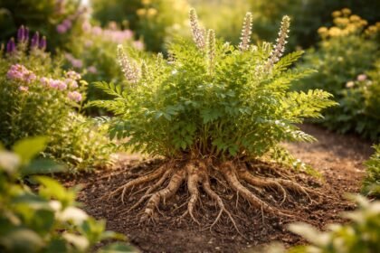 - Édesgyökér a kertben: Glycyrrhiza glabra évekig fejlődik a talajban, hosszú életű.