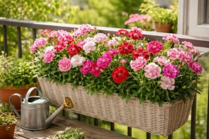 Kínai szegfű Dianthus chinensis virágzó növény napfényes balkonládában bőséges virágzással